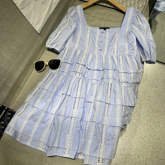 maje fashion U-neck blue cotton embroidered dress
